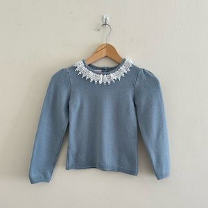La Coqueta Blue Wool Sweater With Lace Collar